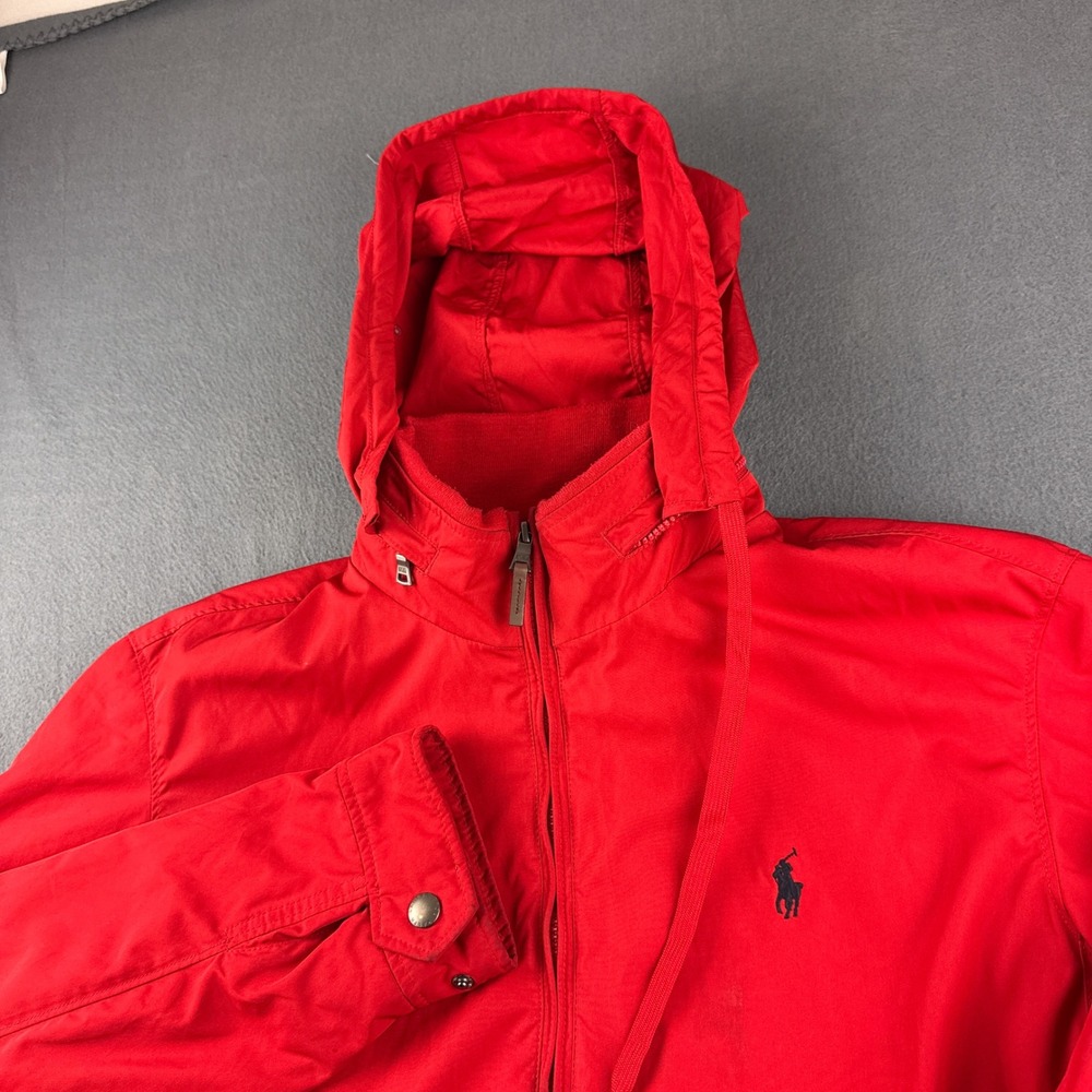 Polo Ralph Lauren Jacket Men's L Red Hood Windbreaker Fleece Lined Pony Full Zip